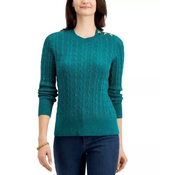 Charter Club Petite Donegal Cable-Knit Sweater Marine Green PXL - Picture 1 of 1